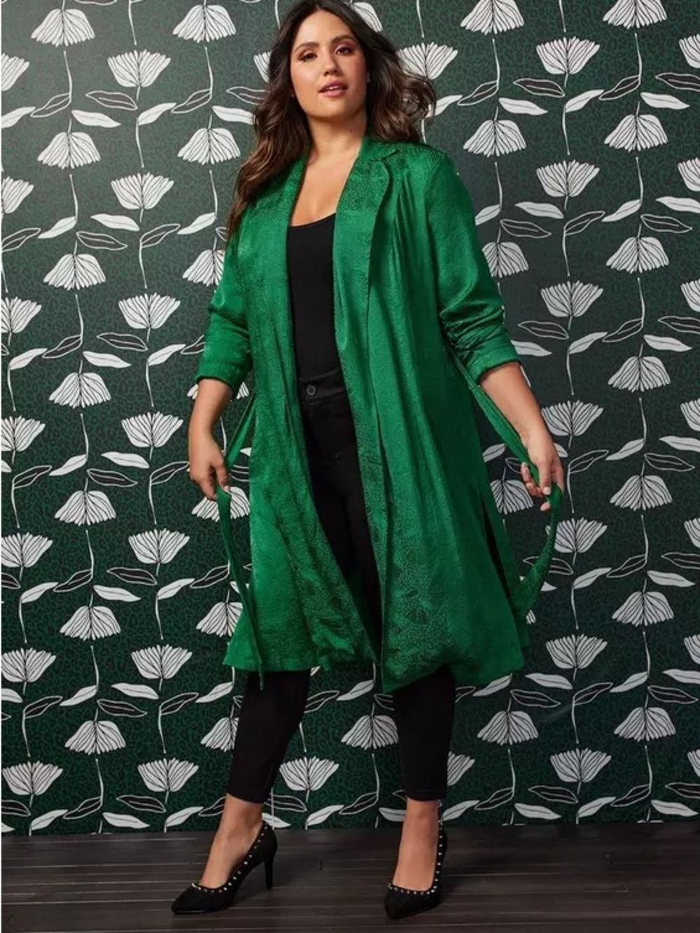 Torrid x Sylvia Mollie Satin Jacquard Trench Coat | Green | 2